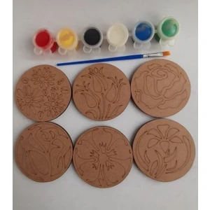 Çiçek Desen 6'lı Ahşap Boyama Bardak Altlığı Hobi Seti