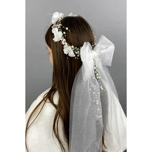 Hayalperest Boncuk Beyaz Fiyonklu Ortanca Çiçekli Özel Gelin Kına Tacı
