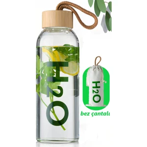 H2O Borosilikat Cam Matara Bambu Vakum Kapaklı 600 ml Su Şişesi Suluk