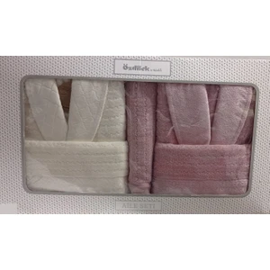 Peonies Pembe Krem Happy Set Aile Bornoz Seti Banyo Paspaslı