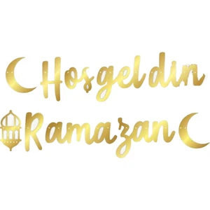 Ramazan Temalı Hoşgeldin Ramazan Yazılı Kaligrafi Altın Renk Kağıt Asma Süsü 250 cm