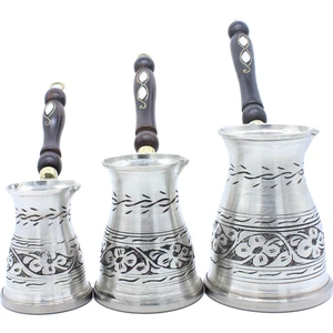Çiçek El Işlemeli Uzun Bakır Cezve Seti 3 Lü Indüksiyon Ocak Uyumlu Antik Gümüş