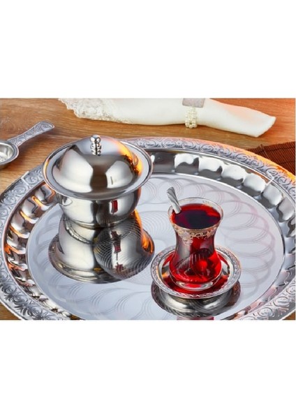 Paslanmaz Çelik Yuvarlak Çay Tepsisi 40 cm Desenli Kahve Servis Tepsisi