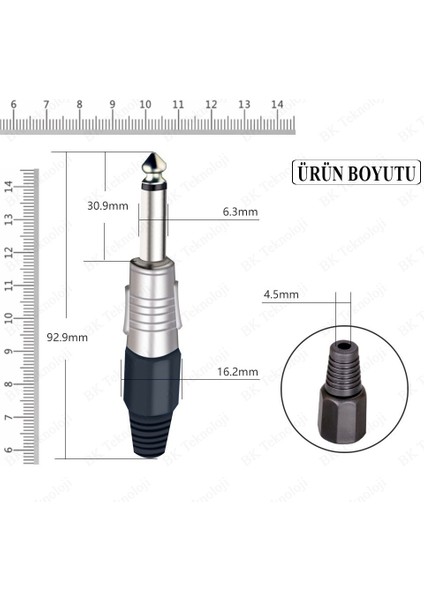 6.35MM Mono Erkek Fiş Lehim Tipi Çivi Jack Konnektörü