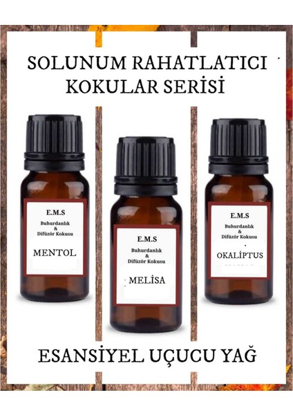 Mentol, Melisa, Okaliptus Esansiyel Uçucu Buhurdanlık Yağı Difüzör Esansı 3 x 10 ml