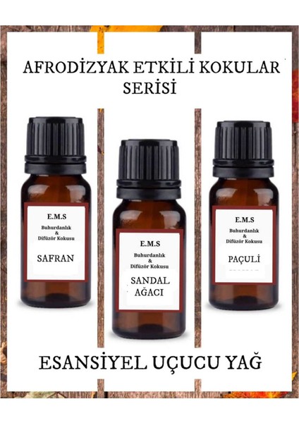 Safran, Sandal Ağacı, Paçuli Esansiyel Uçucu Buhurdanlık Yağı Difüzör Esansı 3 x 10 ml