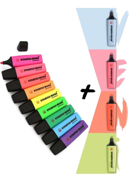 4 Yeni Pastel +9 Canlı Renk 13'lü Fosforlu Kalem Seti Stabilo Boss 4 Yeni Pastel +9 Canlı
