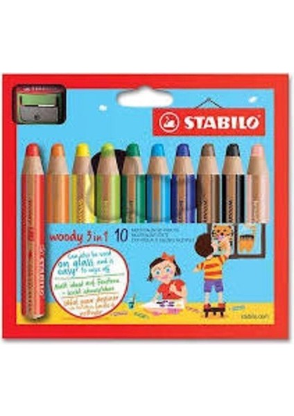 Woody Boya Kalemi 3 In 1 10 Renk + 1 Kalemtraş Karton Kutu 880/10-2 Stabilo Woody