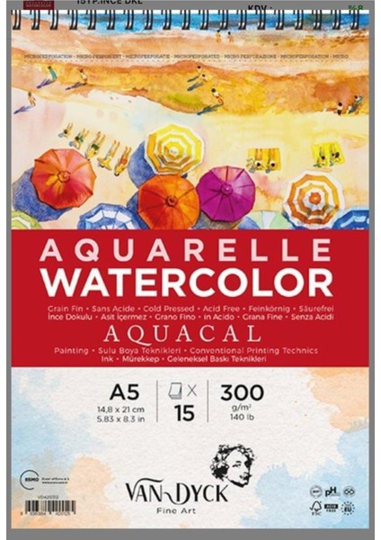 Van Dyck Aquacal Ince Dokulu Coldpress A5 Üstten Spiralli 15 Yaprak Suluboya Blok Van Dyck Aquaca A