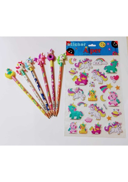 Unicorn Başlıklı Kurşun Kalem 6 Lı Set ve A4 Unicorn Stickers 1 Set Alana 1 Set Bed