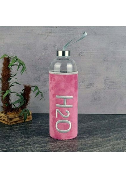 Borosilikat H20 Desenli Peluş Kılıflı Cam Matara Pembe 600 ml