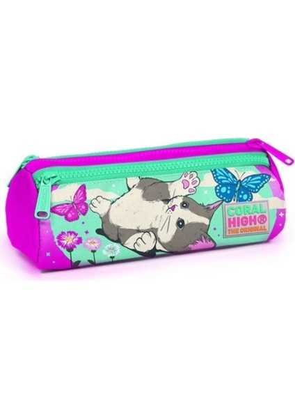 Coral High Kids Su Yeşili Pembe Kedi Desenli Üç Bölmeli Kalem Çantası 22007