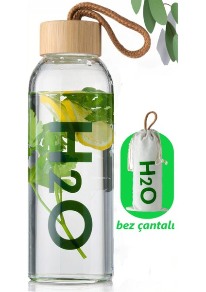 H2O Borosilikat Cam Matara Bambu Vakum Kapaklı 600 ml Su Şişesi Suluk