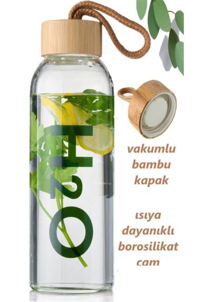 H2O Borosilikat Cam Matara Bambu Vakum Kapaklı 600 ml Su Şişesi Suluk