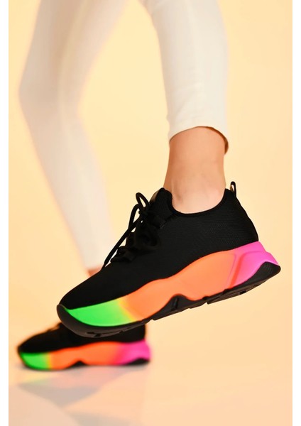 Günlük Siyah-Multi Kadın Sneaker Bağcıklı Triko Esnek Hafif ve Kalın Tabanlı Yürüyüş Spor Ayakkabı fiyatları
