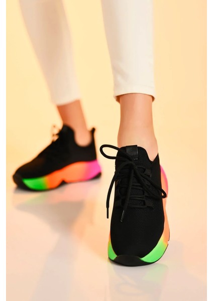 Günlük Siyah-Multi Kadın Sneaker Bağcıklı Triko Esnek Hafif ve Kalın Tabanlı Yürüyüş Spor Ayakkabı modelleri