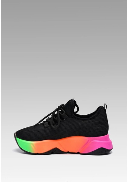 Günlük Siyah-Multi Kadın Sneaker Bağcıklı Triko Esnek Hafif ve Kalın Tabanlı Yürüyüş Spor Ayakkabı indirimleri