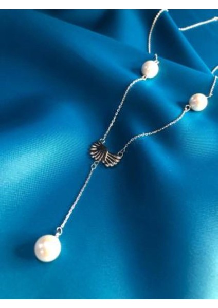 Kişiselleşen Majorica Incili Melek Kanadı Detaylı Beyaz Renk Gümüş Kolye Sarı,roze Seçeneği