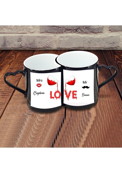 Sevgililer Günü lik Ikili Kalp Kulplu Siyah Sihirli Kupa Bardak Love lik