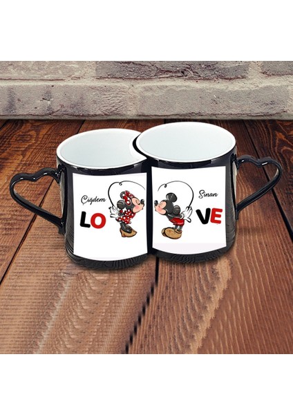 Sevgililer Günü lik Ikili Kalp Kulplu Siyah Sihirli Kupa Bardak Mickey Minnie lik