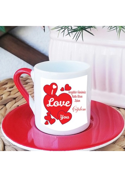 Sevgililer Günü Kişiye Özel Kalpli Kahve Fincanı Ve Altlık Kırmızı Iloveyou