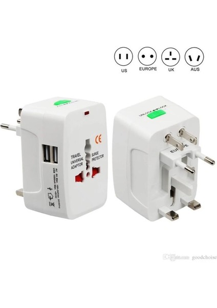 Evrensel Priz-Fiş Çevirici Seyahat Adaptörü 2 USB - Universal Travel Adapter Üniversal Usb'li indirimleri