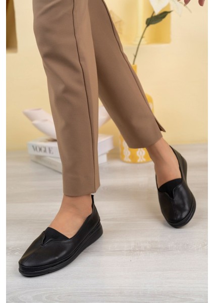 Dolgu Taban Ortopedik V Lastikli Siyah Cilt Kadın Ayakkabı modelleri