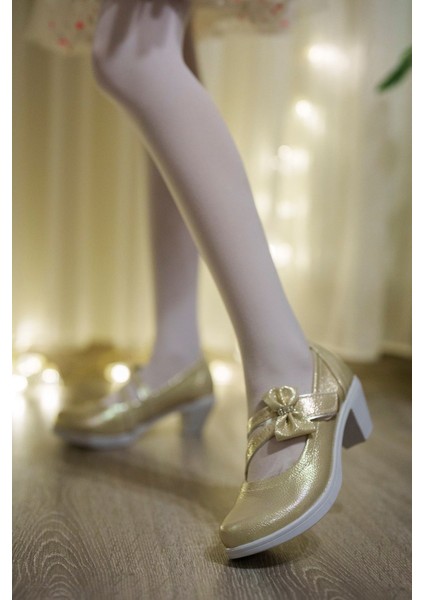 Topuklu Çatal Baretli Altın Kız Çocuk Ayakkabı