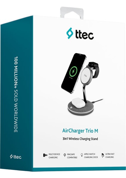 Aircharger Trio M Magsafe Uyumlu 3’ü 1 Arada Apple iPhone + Apple Watch + Airpods Kablosuz Hızlı Şarj Standı