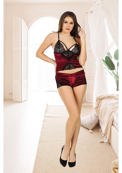 Bordo Kadife Dantelli Sabahlık & Gecelik Takım 3' Lü - 1396 indirimleri