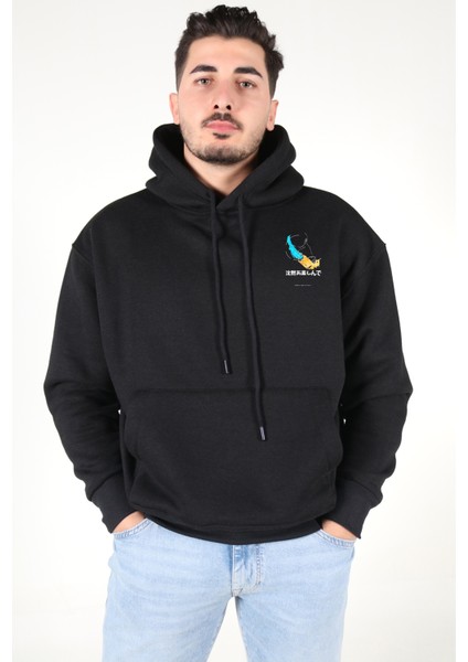Erkek Sweatshirt Kapüşonlu Baskılı Siyah Kalın İçi Polarlı