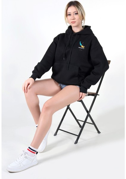Kadın Sweatshirt Kapüşonlu Owersize Siyah Baskılı Kalın İçi Polarlı