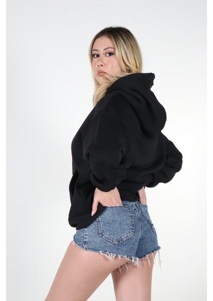 Kadın Sweatshirt Kapüşonlu Owersize Siyah Baskılı Kalın İçi Polarlı fiyatları