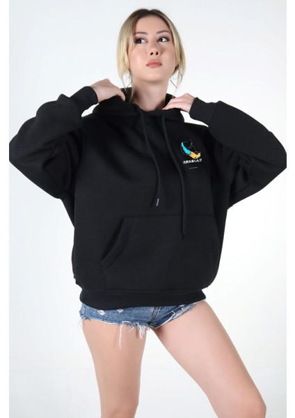 Kadın Sweatshirt Kapüşonlu Owersize Siyah Baskılı Kalın İçi Polarlı fırsatları
