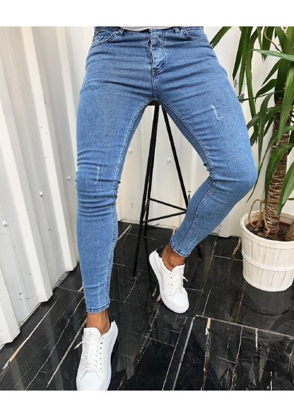 Erkek Mavi Tırnaklı Denım Slimfit Likralı Jean Kot pantolon