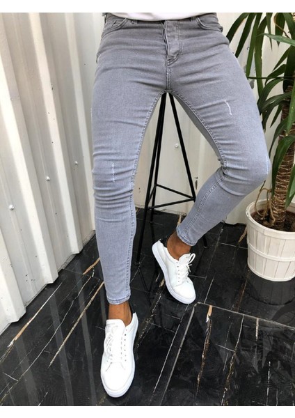 Erkek Gri Tırnaklı Denım Slimfit Likralı Jean Kot pantolon