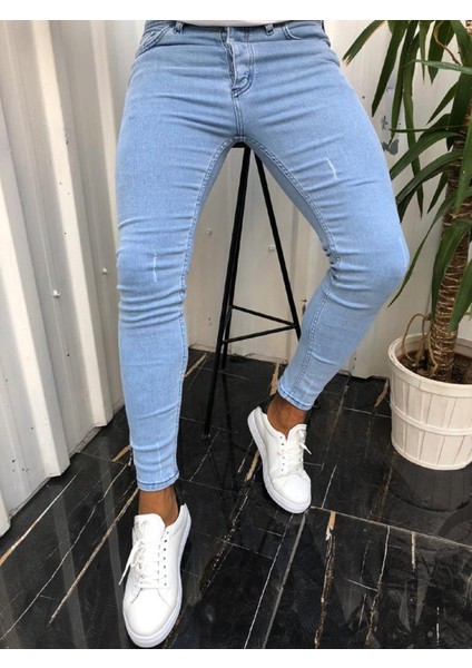 Erkek Buz Mavi Tırnaklı Denım Slimfit Likralı Jean Kot pantolon