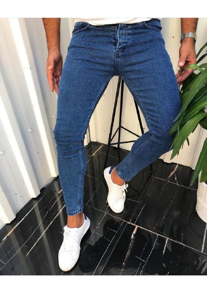 Erkek Mavi Denım Slimfit Likralı Jean Kot pantolon