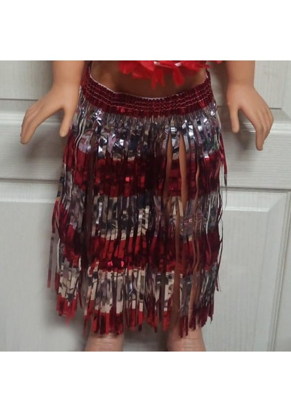 Yetişkin Çocuk Uyumlu Kırmızı Gümüş Renk Hawaii Eteği 40 cm