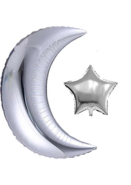 Yarım Hilal Ay ve Yıldız Şeklinde Ay Yıldız Gümüş Renk Folyo Balon 57 cm