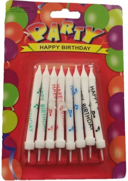 Happy Birthday Yazılı Nota Işaretli Baskılı Plastik Altlığı ile Beraber 9 cm Mum 8 Adet