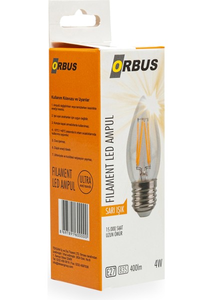 C37 4W Filament Bulb Clear E27 400LM RA80 220 - 240V/50Hz Ampul - 2700K Sarı Işık