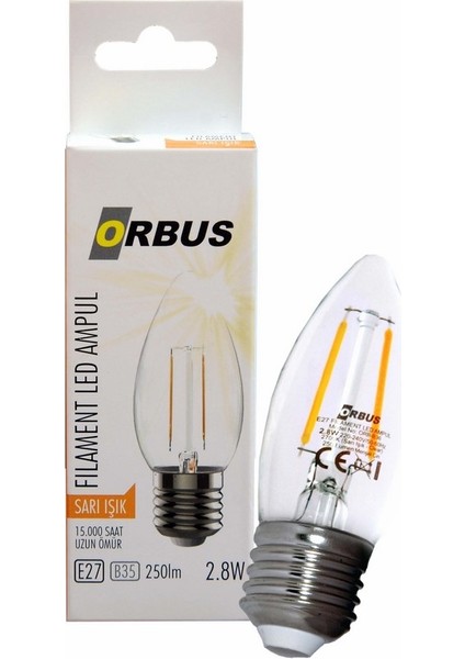 C37 4W Filament Bulb Clear E27 400LM RA80 220 - 240V/50Hz Ampul - 2700K Sarı Işık