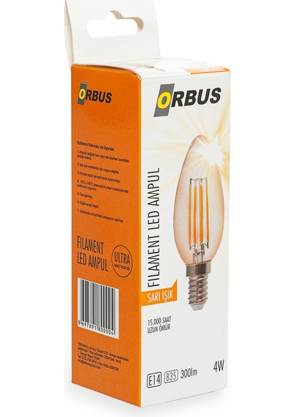 C37 4W Filament Bulb Amber E14 300LM RA80 220 - 240V/50Hz Ampul - 2200K Sarı Işık