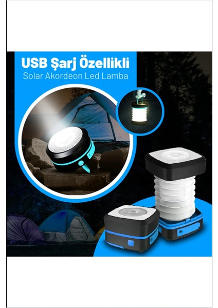 USB Şarj Özellikli Solar Akordeon Beyaz LED Kamp Lambası Akordeonledlamba