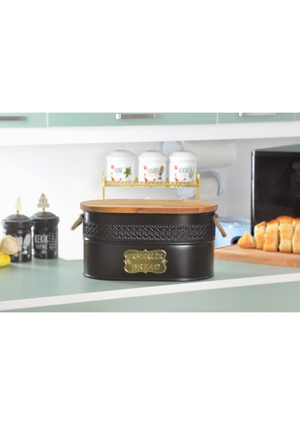 Metal Ekmeklik Ahşap Kapaklı Hasır Kulplu Ekmek Kutusu Siyah