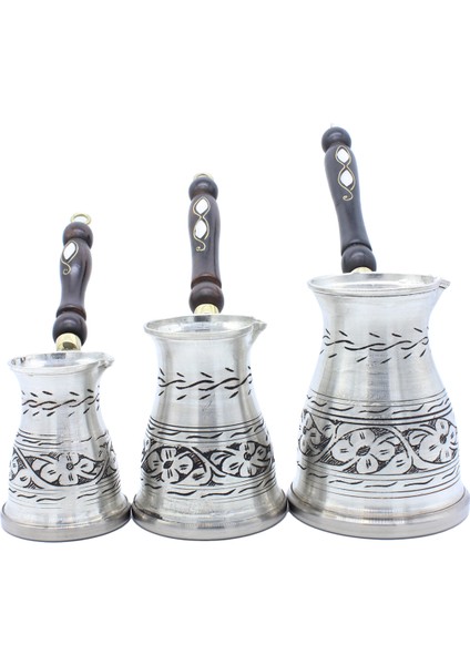 Çiçek El Işlemeli Uzun Bakır Cezve Seti 3 Lü Indüksiyon Ocak Uyumlu Antik Gümüş