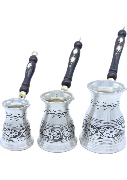 Çiçek El Işlemeli Uzun Bakır Cezve Seti 3 Lü Indüksiyon Ocak Uyumlu Antik Gümüş