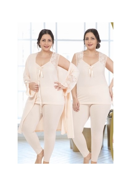 Kadın Büyük Beden Dantel Detay Sabahlık Tayt 3'lü Pijama Takım
