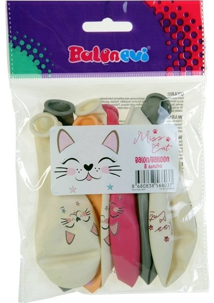 TMC8037 4+1 Miss Cat Baskılı Balon 12 Inç 8li -Balonevi